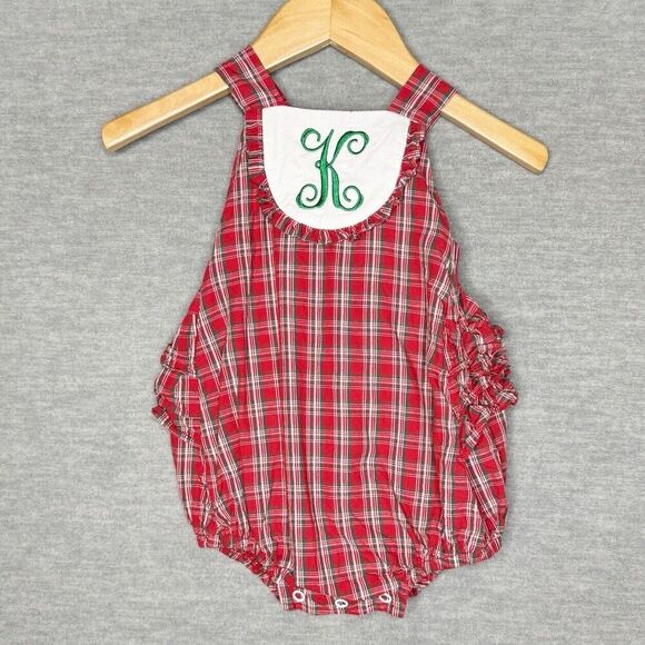 Ricrac & Ruffles Bubble Romper Monogrammed “K”‎ Christmas 6/9 M Girls Red Green - Picture 1 of 6